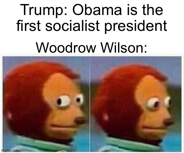Monkey Puppet Meme | Trump: Obama is the first socialist president Woodrow Wilson: | image tagged in memes,monkey puppet | made w/ Imgflip meme maker