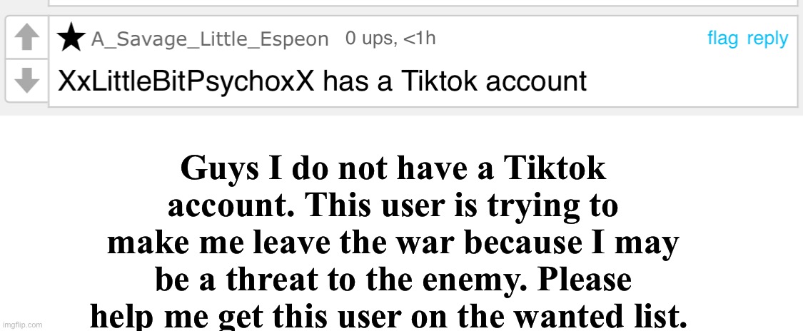 Please guys help! | Guys I do not have a Tiktok account. This user is trying to make me leave the war because I may be a threat to the enemy. Please help me get this user on the wanted list. | image tagged in blank white template | made w/ Imgflip meme maker