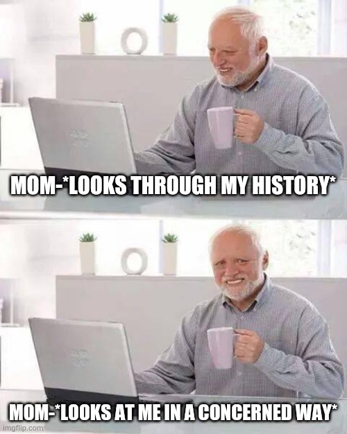 Hide the Pain Harold | MOM-*LOOKS THROUGH MY HISTORY*; MOM-*LOOKS AT ME IN A CONCERNED WAY* | image tagged in memes,hide the pain harold | made w/ Imgflip meme maker
