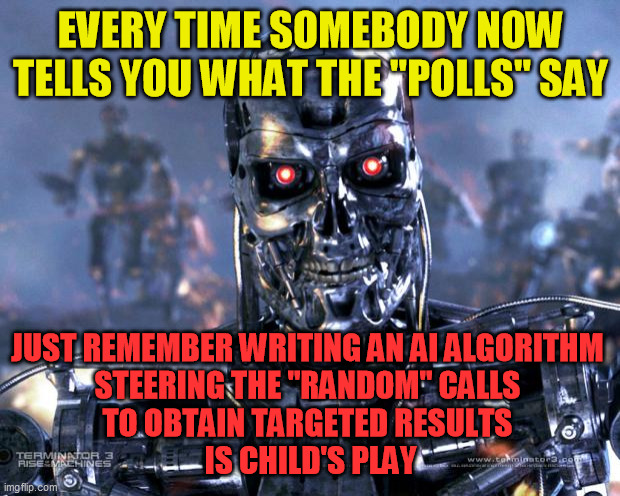 "If TV says it, then it must be true!" | EVERY TIME SOMEBODY NOW TELLS YOU WHAT THE "POLLS" SAY; JUST REMEMBER WRITING AN AI ALGORITHM 
STEERING THE "RANDOM" CALLS 
TO OBTAIN TARGETED RESULTS 
IS CHILD'S PLAY | image tagged in terminator robot t-800,fake news,liberal media,controlled information,predictable results,manipulable algorithms | made w/ Imgflip meme maker