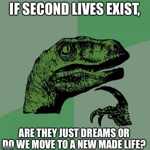 Second life | IF SECOND LIVES EXIST, ARE THEY JUST DREAMS OR DO WE MOVE TO A NEW MADE LIFE? | image tagged in memes,philosoraptor | made w/ Imgflip meme maker