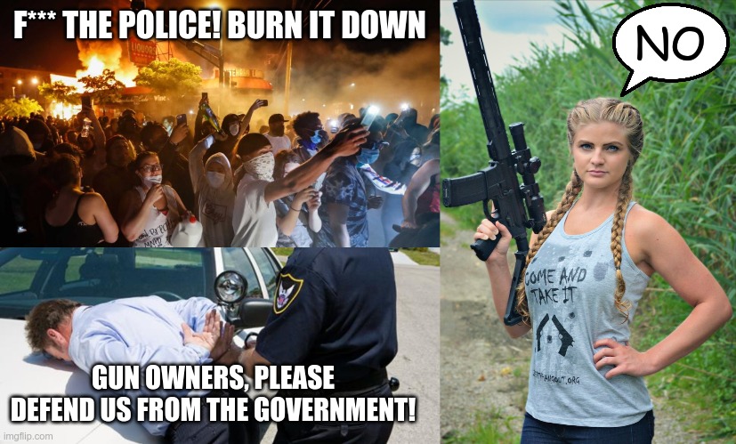 After years of vilifying gun owners, you expect sympathy? | NO; F*** THE POLICE! BURN IT DOWN; GUN OWNERS, PLEASE DEFEND US FROM THE GOVERNMENT! | image tagged in arrest,kaitlin bennett,riotersnodistancing | made w/ Imgflip meme maker