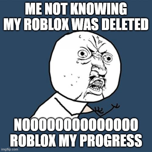 Deleted roblox | ME NOT KNOWING MY ROBLOX WAS DELETED; NOOOOOOOOOOOOOO ROBLOX MY PROGRESS | image tagged in memes,y u no | made w/ Imgflip meme maker