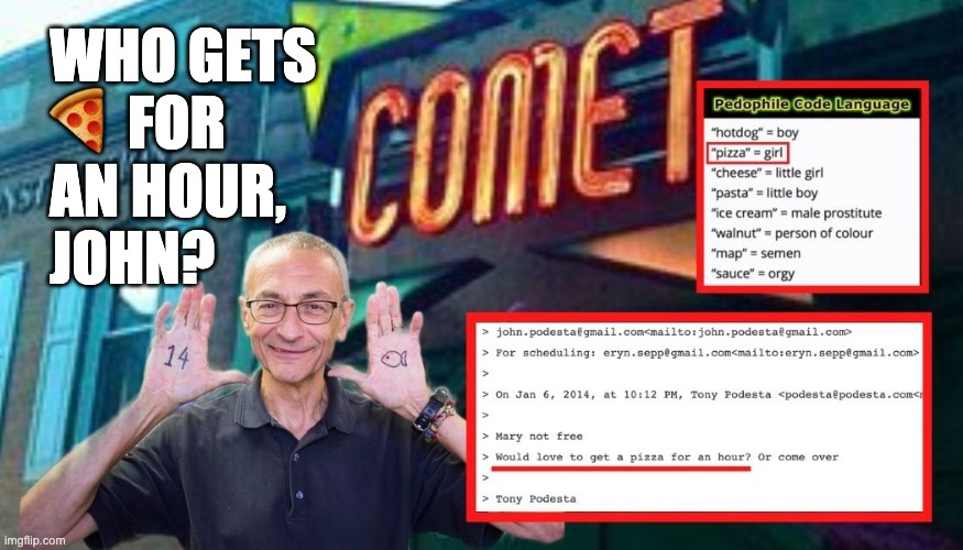 Podesta Pizza Email | WHO GETS 
    🍕 FOR 
    AN HOUR,
    JOHN? | image tagged in pizzagate | made w/ Imgflip meme maker