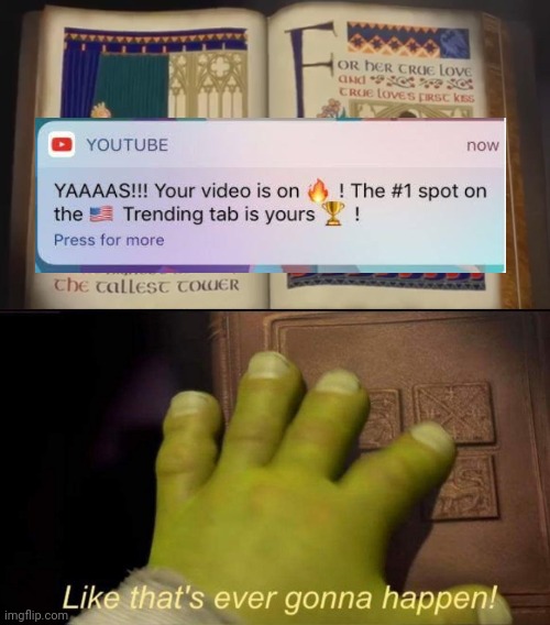 Or my memes... | image tagged in shrek ever gonna happen,youtube,trending | made w/ Imgflip meme maker