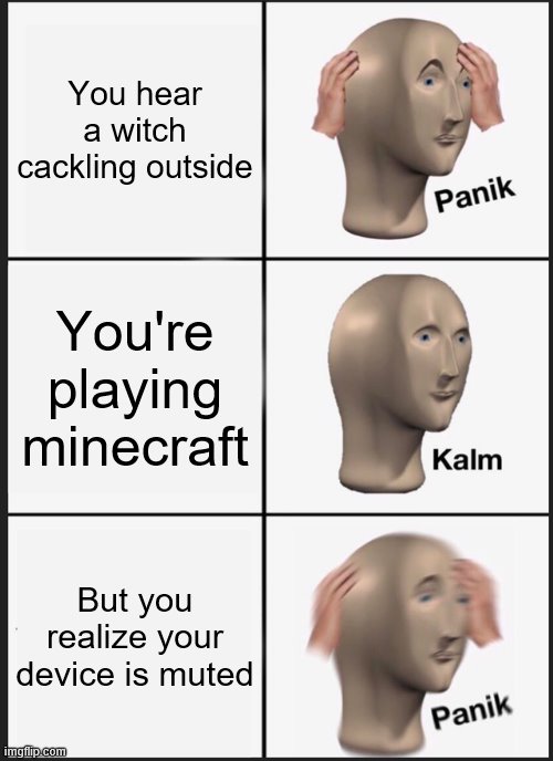Minecraft memes | You hear a witch cackling outside; You're playing minecraft; But you realize your device is muted | image tagged in memes,panik kalm panik | made w/ Imgflip meme maker