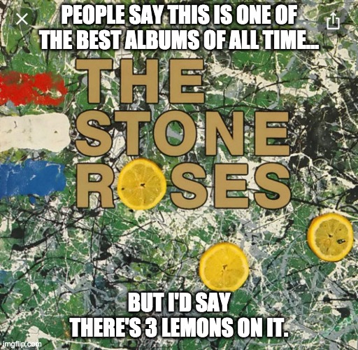 The Stone Roses - 3 Lemons | PEOPLE SAY THIS IS ONE OF THE BEST ALBUMS OF ALL TIME... BUT I'D SAY THERE'S 3 LEMONS ON IT. | image tagged in lemons,album,music | made w/ Imgflip meme maker