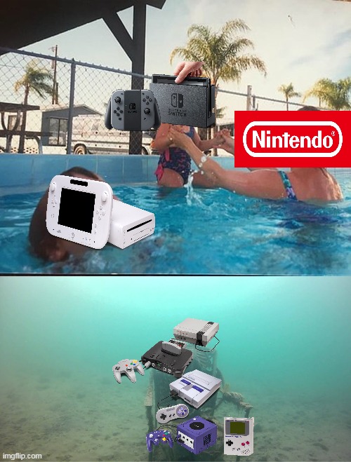 nintendo in a nutshell | image tagged in mother ignoring kid drowning in a pool,memes,funny,nintendo,video games | made w/ Imgflip meme maker