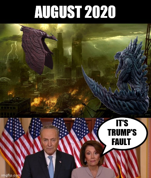 AUGUST 2020; IT'S TRUMP'S FAULT | image tagged in world destruction,chuck and nancy | made w/ Imgflip meme maker