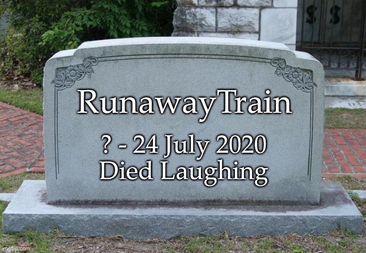 headstone | RunawayTrain ? - 24 July 2020
Died Laughing | image tagged in headstone | made w/ Imgflip meme maker