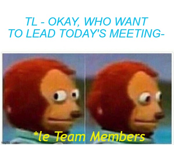 Monkey Puppet | TL - OKAY, WHO WANT TO LEAD TODAY'S MEETING-; *le Team Members | image tagged in memes,monkey puppet | made w/ Imgflip meme maker