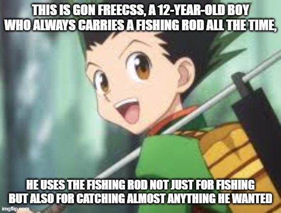 Gon Freecss | THIS IS GON FREECSS, A 12-YEAR-OLD BOY WHO ALWAYS CARRIES A FISHING ROD ALL THE TIME, HE USES THE FISHING ROD NOT JUST FOR FISHING BUT ALSO FOR CATCHING ALMOST ANYTHING HE WANTED | image tagged in hunter x hunter,funny memes,memes | made w/ Imgflip meme maker