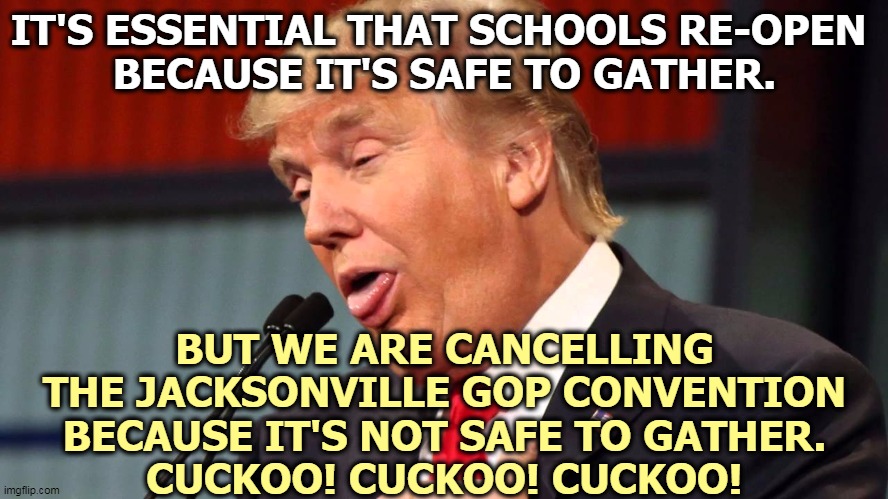 How can you follow Trump when he disappears up his own *ss? | IT'S ESSENTIAL THAT SCHOOLS RE-OPEN 
BECAUSE IT'S SAFE TO GATHER. BUT WE ARE CANCELLING THE JACKSONVILLE GOP CONVENTION BECAUSE IT'S NOT SAFE TO GATHER.
CUCKOO! CUCKOO! CUCKOO! | image tagged in trump crazy silly foolish awful,trump,schools,open,convention,cancelled | made w/ Imgflip meme maker