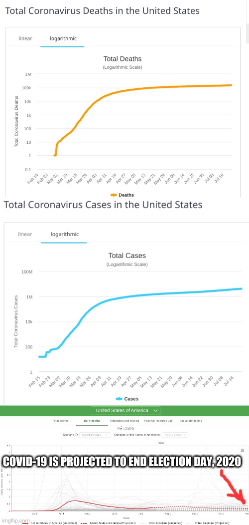 Graphs showing flattening of the death curve relative to total cases and a startling conclusion! | COVID-19 IS PROJECTED TO END ELECTION DAY, 2020 | image tagged in worldometer,us covid trends,flat,epidemic is overr | made w/ Imgflip meme maker