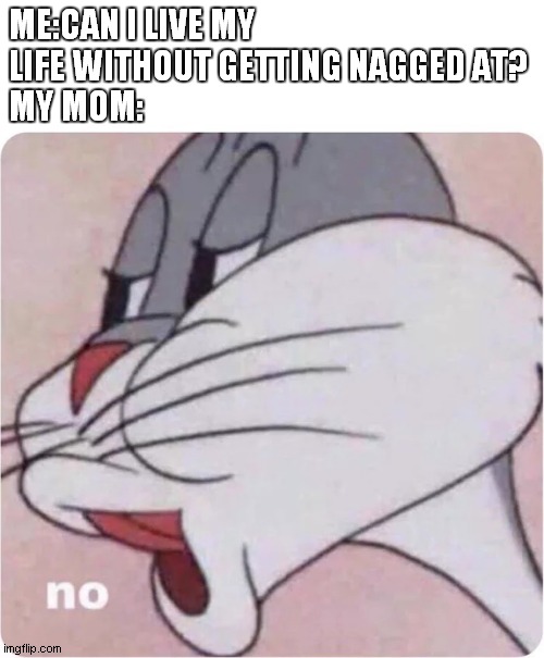 Bugs Bunny No | ME:CAN I LIVE MY LIFE WITHOUT GETTING NAGGED AT?
MY MOM: | image tagged in bugs bunny no | made w/ Imgflip meme maker