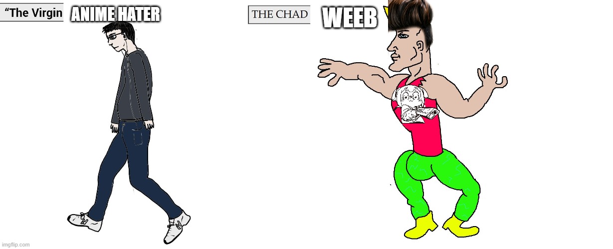 virgin vs chad | ANIME HATER; WEEB | image tagged in virgin and chad,weebs,weeb,anime | made w/ Imgflip meme maker