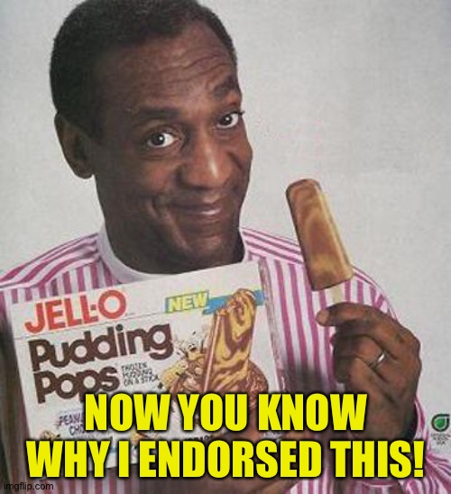 Bill Cosby Pudding | NOW YOU KNOW WHY I ENDORSED THIS! | image tagged in bill cosby pudding | made w/ Imgflip meme maker