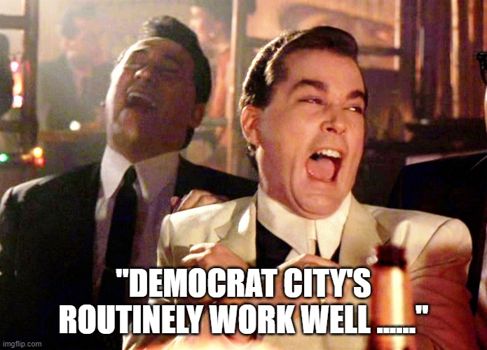 Good Fellas Hilarious Meme | "DEMOCRAT CITY'S ROUTINELY WORK WELL ......" | image tagged in memes,good fellas hilarious | made w/ Imgflip meme maker
