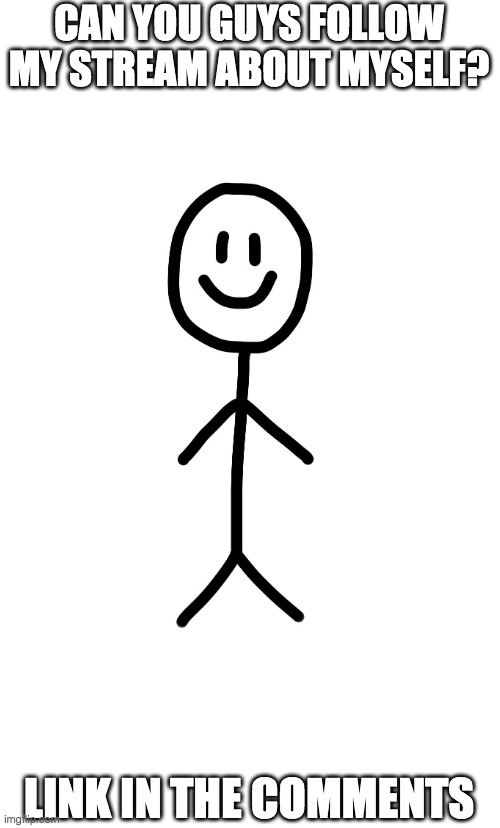 I have a stream too | CAN YOU GUYS FOLLOW MY STREAM ABOUT MYSELF? LINK IN THE COMMENTS | image tagged in stick figure | made w/ Imgflip meme maker