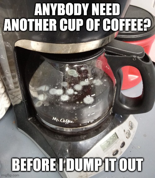 moldy coffee | ANYBODY NEED ANOTHER CUP OF COFFEE? BEFORE I DUMP IT OUT | image tagged in moldy coffee,funny,meme,funny meme,moldy,coffee | made w/ Imgflip meme maker