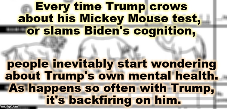 You will remember that Trump paid someone to take his SAT's for him so he could get into college. | Every time Trump crows about his Mickey Mouse test, 
or slams Biden's cognition, people inevitably start wondering 
about Trump's own mental health. 
As happens so often with Trump, 
it's backfiring on him. | image tagged in trump,test,idiot,fool,cheat | made w/ Imgflip meme maker