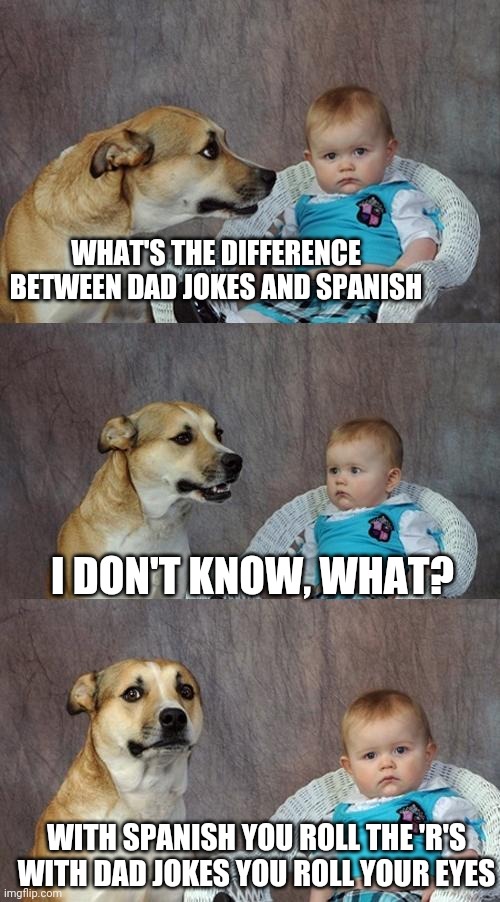Spanish vs dad jokes | WHAT'S THE DIFFERENCE BETWEEN DAD JOKES AND SPANISH; I DON'T KNOW, WHAT? WITH SPANISH YOU ROLL THE 'R'S WITH DAD JOKES YOU ROLL YOUR EYES | image tagged in memes,dad joke dog | made w/ Imgflip meme maker