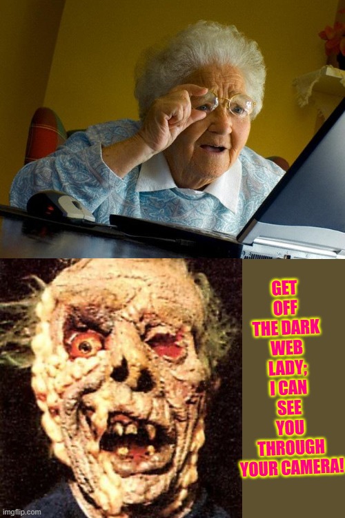 Grandma Finds The Internet Meme | GET OFF THE DARK WEB LADY; I CAN SEE YOU THROUGH YOUR CAMERA! | image tagged in memes,grandma finds the internet | made w/ Imgflip meme maker