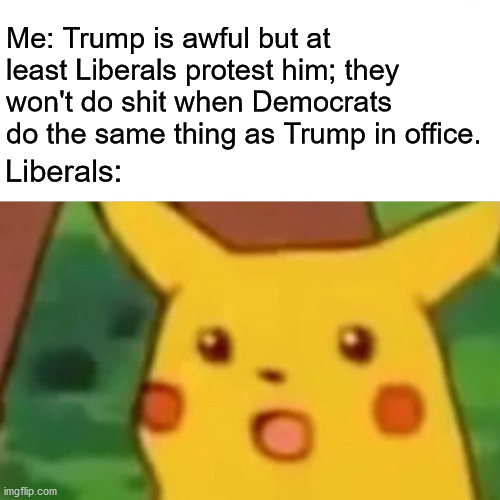 P.S. Don't vote for capitalists | Me: Trump is awful but at least Liberals protest him; they won't do shit when Democrats do the same thing as Trump in office. Liberals: | image tagged in memes,surprised pikachu,democrats,donald trump,republicans | made w/ Imgflip meme maker