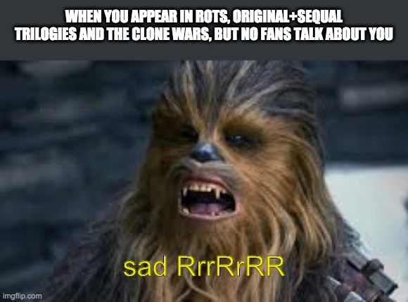 WHEN YOU APPEAR IN ROTS, ORIGINAL+SEQUAL TRILOGIES AND THE CLONE WARS, BUT NO FANS TALK ABOUT YOU; sad RrrRrRR | image tagged in star wars,chewbacca | made w/ Imgflip meme maker