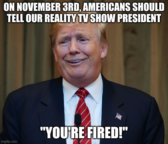 Trump fired | ON NOVEMBER 3RD, AMERICANS SHOULD TELL OUR REALITY TV SHOW PRESIDENT; "YOU'RE FIRED!" | image tagged in trump goofy face | made w/ Imgflip meme maker