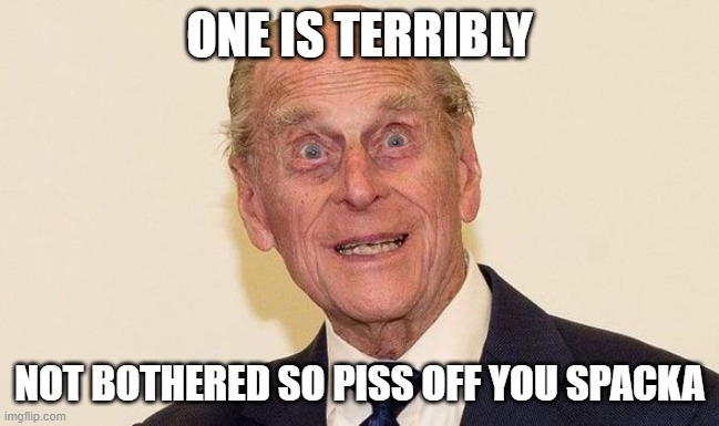 Prince Phillip | ONE IS TERRIBLY NOT BOTHERED SO PISS OFF YOU SPACKA | image tagged in prince phillip | made w/ Imgflip meme maker