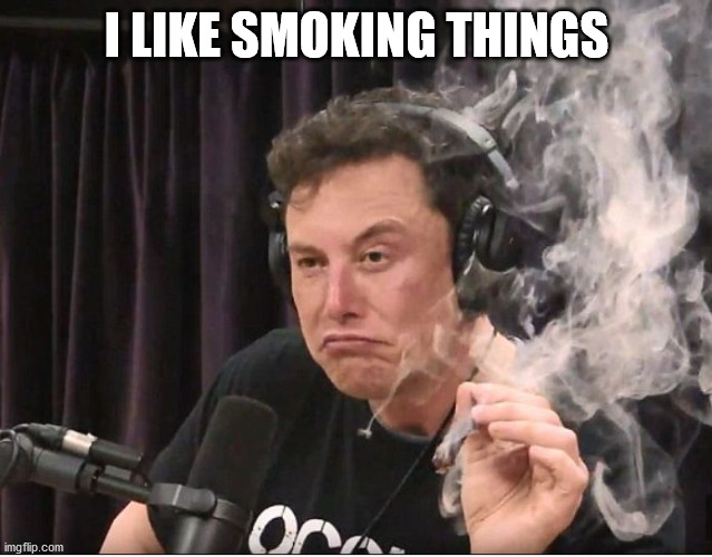 Elon Musk smoking a joint | I LIKE SMOKING THINGS | image tagged in elon musk smoking a joint | made w/ Imgflip meme maker