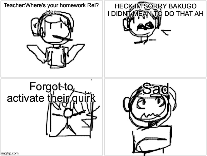 Here is a bad Drawing of rei's personality,and I couldnt fit in gay panic | Teacher:Where's your homework Rei?
Rei:; HECK IM SORRY BAKUGO I DIDNT MEAN TO DO THAT AH; Forgot to activate their quirk; Sad | image tagged in memes,blank comic panel 2x2 | made w/ Imgflip meme maker