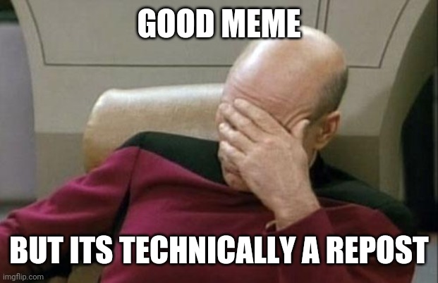 Captain Picard Facepalm Meme | GOOD MEME BUT ITS TECHNICALLY A REPOST | image tagged in memes,captain picard facepalm | made w/ Imgflip meme maker