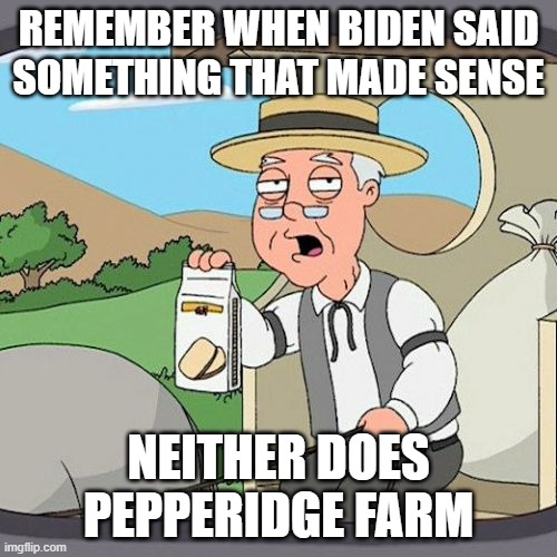 Pepperidge Farm Remembers | REMEMBER WHEN BIDEN SAID SOMETHING THAT MADE SENSE; NEITHER DOES PEPPERIDGE FARM | image tagged in memes,pepperidge farm remembers | made w/ Imgflip meme maker