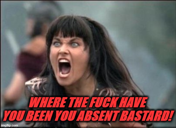 Angry Xena | WHERE THE FUCK HAVE YOU BEEN YOU ABSENT BASTARD! | image tagged in angry xena | made w/ Imgflip meme maker