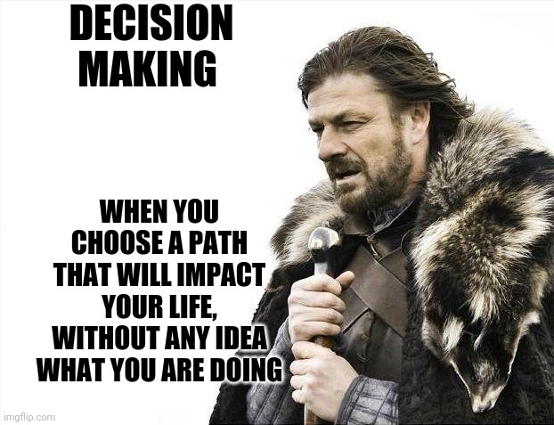 Life is fun when you accept how little you understand it | DECISION MAKING; WHEN YOU CHOOSE A PATH THAT WILL IMPACT YOUR LIFE, WITHOUT ANY IDEA WHAT YOU ARE DOING | image tagged in memes,brace yourselves x is coming,life | made w/ Imgflip meme maker