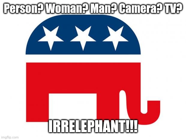 Republican | Person? Woman? Man? Camera? TV? IRRELEPHANT!!! | image tagged in republican | made w/ Imgflip meme maker