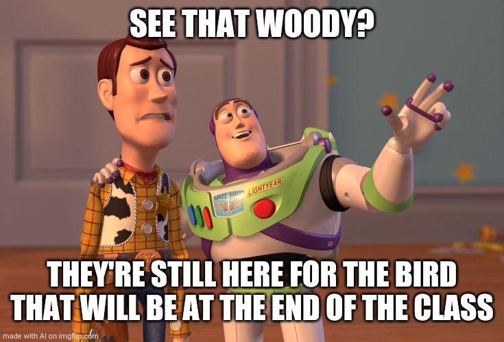 X, X Everywhere | SEE THAT WOODY? THEY'RE STILL HERE FOR THE BIRD THAT WILL BE AT THE END OF THE CLASS | image tagged in memes,x x everywhere | made w/ Imgflip meme maker