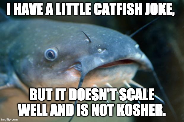 I have a little catfish joke | I HAVE A LITTLE CATFISH JOKE, BUT IT DOESN'T SCALE WELL AND IS NOT KOSHER. | image tagged in catfish catfish | made w/ Imgflip meme maker