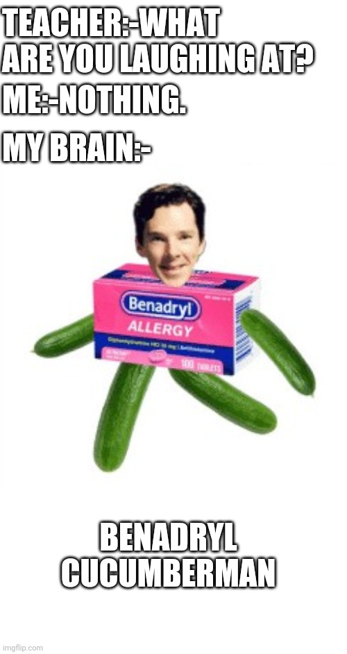 I laughed way harder than I should've . | TEACHER:-WHAT ARE YOU LAUGHING AT? ME:-NOTHING. MY BRAIN:-; BENADRYL CUCUMBERMAN | image tagged in benadryl cucumberman | made w/ Imgflip meme maker