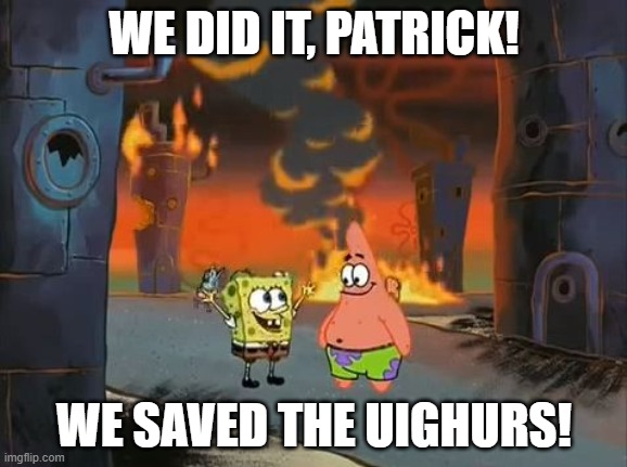 "We did it, Patrick! We saved the City!" | WE DID IT, PATRICK! WE SAVED THE UIGHURS! | image tagged in we did it patrick we saved the city | made w/ Imgflip meme maker