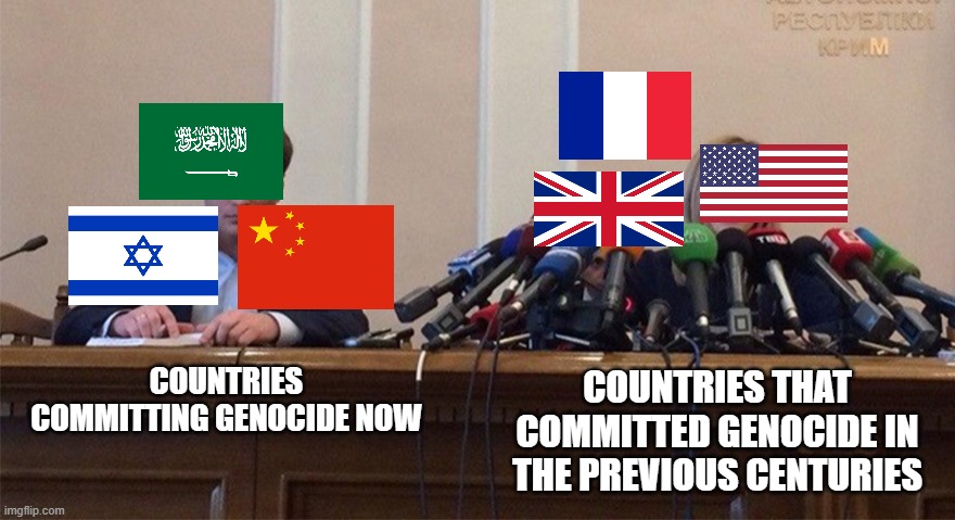 When People Condemn Genocide | COUNTRIES THAT COMMITTED GENOCIDE IN THE PREVIOUS CENTURIES; COUNTRIES COMMITTING GENOCIDE NOW | image tagged in man and woman microphone,usa,genocide,saudi arabia,china,israel | made w/ Imgflip meme maker