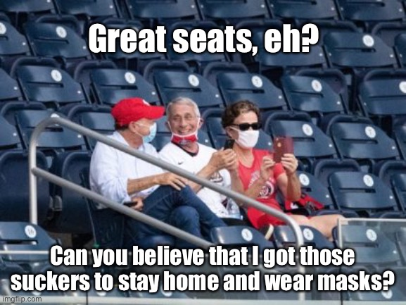 Fauxi is laughing at YOU! | Great seats, eh? Can you believe that I got those suckers to stay home and wear masks? | image tagged in major league baseball,covidiots,hoax | made w/ Imgflip meme maker