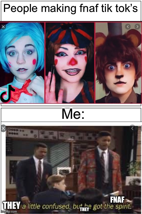 Blank Comic Panel 1x2 Meme | People making fnaf tik tok’s; Me:; FNAF; THEY; THEY | image tagged in memes,blank comic panel 1x2,tik tok,fnaf | made w/ Imgflip meme maker