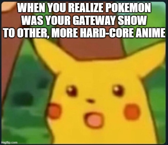gateway drug | WHEN YOU REALIZE POKEMON WAS YOUR GATEWAY SHOW TO OTHER, MORE HARD-CORE ANIME | image tagged in surprised pikachu | made w/ Imgflip meme maker
