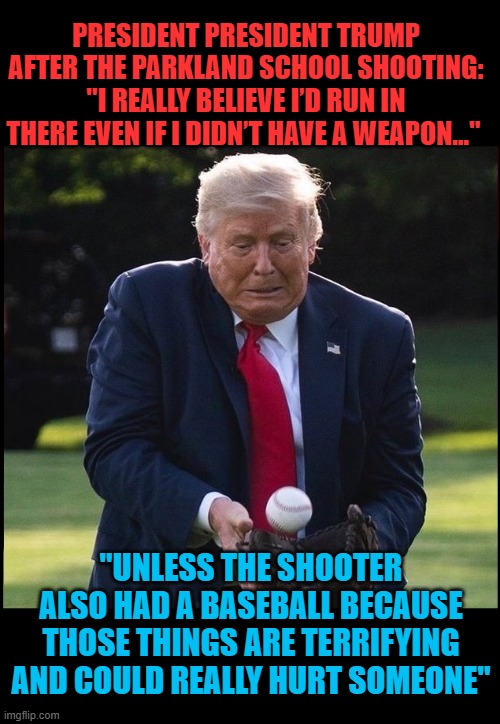 Under Pressure | PRESIDENT PRESIDENT TRUMP AFTER THE PARKLAND SCHOOL SHOOTING:
"I REALLY BELIEVE I’D RUN IN THERE EVEN IF I DIDN’T HAVE A WEAPON..."; "UNLESS THE SHOOTER ALSO HAD A BASEBALL BECAUSE THOSE THINGS ARE TERRIFYING AND COULD REALLY HURT SOMEONE" | image tagged in donald trump,baseball,mlb,scary | made w/ Imgflip meme maker