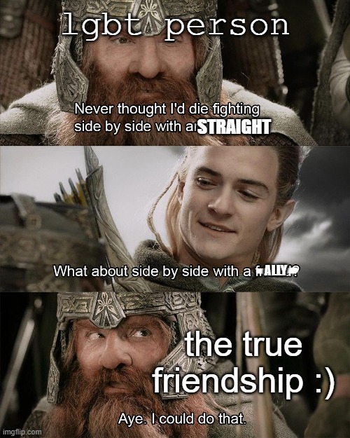 i never thought i'd die next to an elf | lgbt person; STRAIGHT; ALLY; the true friendship :) | image tagged in i never thought i'd die next to an elf | made w/ Imgflip meme maker
