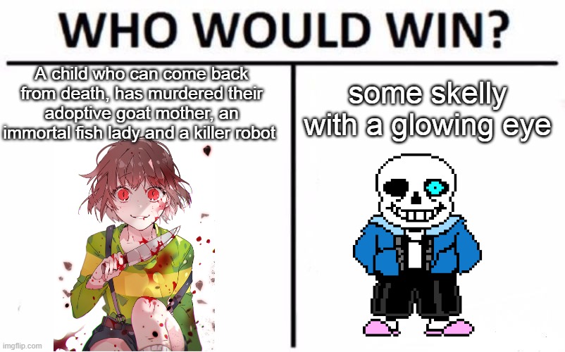 Who Would Win? | A child who can come back from death, has murdered their adoptive goat mother, an immortal fish lady and a killer robot; some skelly with a glowing eye | image tagged in memes,who would win | made w/ Imgflip meme maker