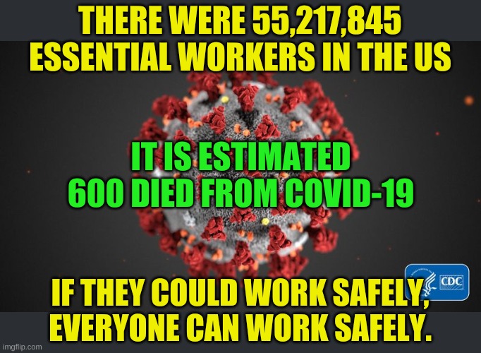 Does the truth matter anymore? | THERE WERE 55,217,845 ESSENTIAL WORKERS IN THE US; IT IS ESTIMATED 600 DIED FROM COVID-19; IF THEY COULD WORK SAFELY, EVERYONE CAN WORK SAFELY. | image tagged in covid 19 | made w/ Imgflip meme maker
